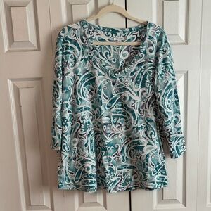 Chico's Teal & White Scroll-Print V-Neck 3/4 Sleeve Top
